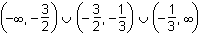 left parenthesis negative infinity comma negative 3 halves right parenthesis or left parenthesis negative 3 halves comma negative 1 third right parenthesis or left parenthesis negative 1 third comma infinity right parenthesis.