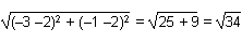 the square root of the quantity open paren negative 3 negative 2 close paren the quantity squared plus open paren negative 1 negative 2 close paren the quantity squared equals the square root of the quantity 25 plus 9 equals the square root of 34